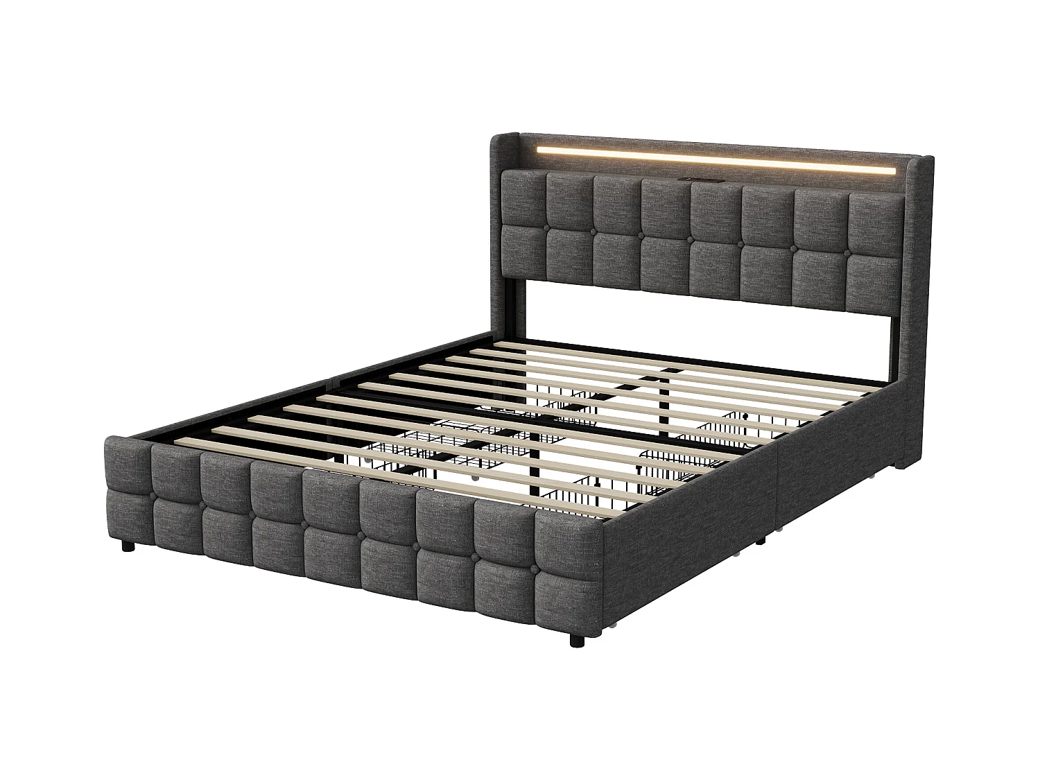 Lit Double 160x200 Cm Rembourré, Tête LED, 4 Tiroirs, USB, Lin Gris, Sans Matelas