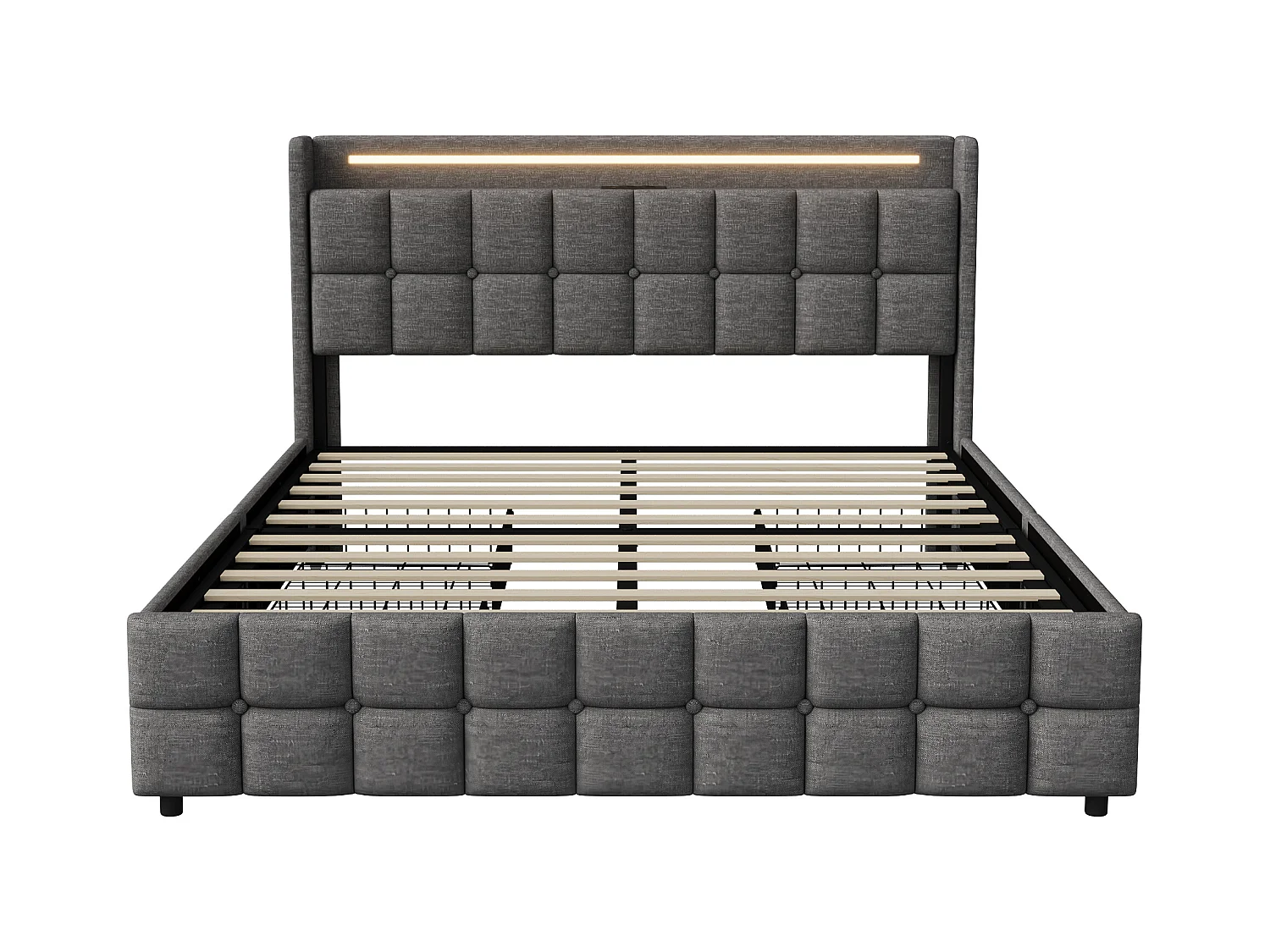Lit Double 160x200 Cm Rembourré, Tête LED, 4 Tiroirs, USB, Lin Gris, Sans Matelas