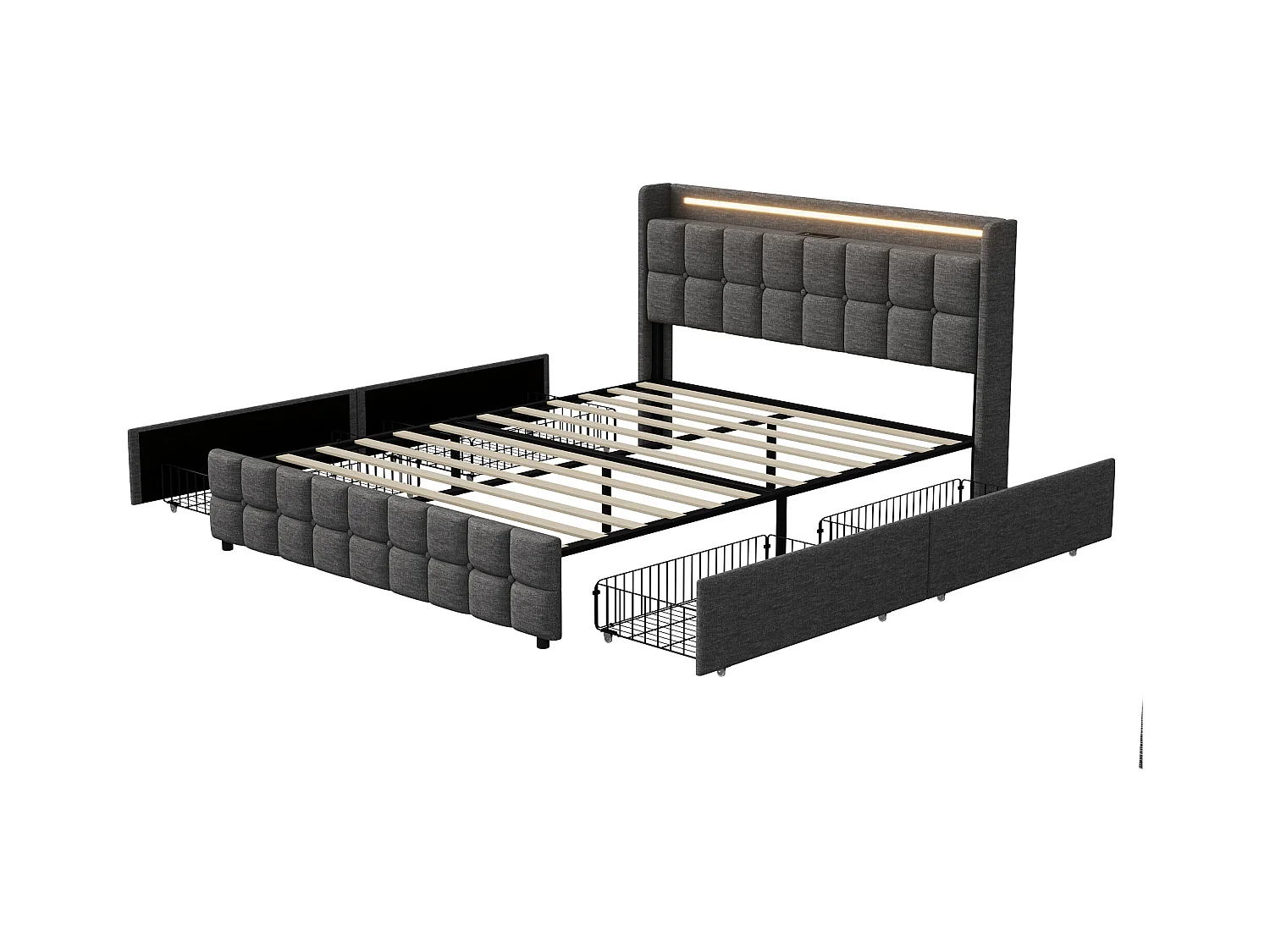 Lit Double 160x200 Cm Rembourré, Tête LED, 4 Tiroirs, USB, Lin Gris, Sans Matelas