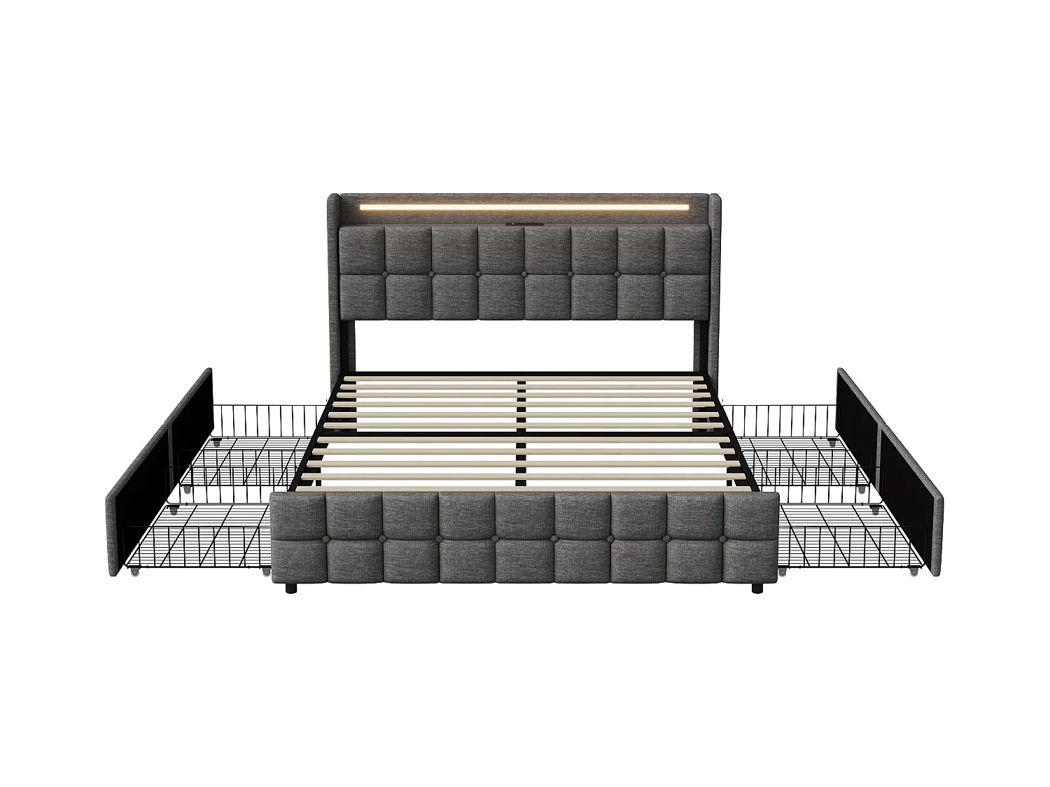 Lit Double 160x200 Cm Rembourré, Tête LED, 4 Tiroirs, USB, Lin Gris, Sans Matelas