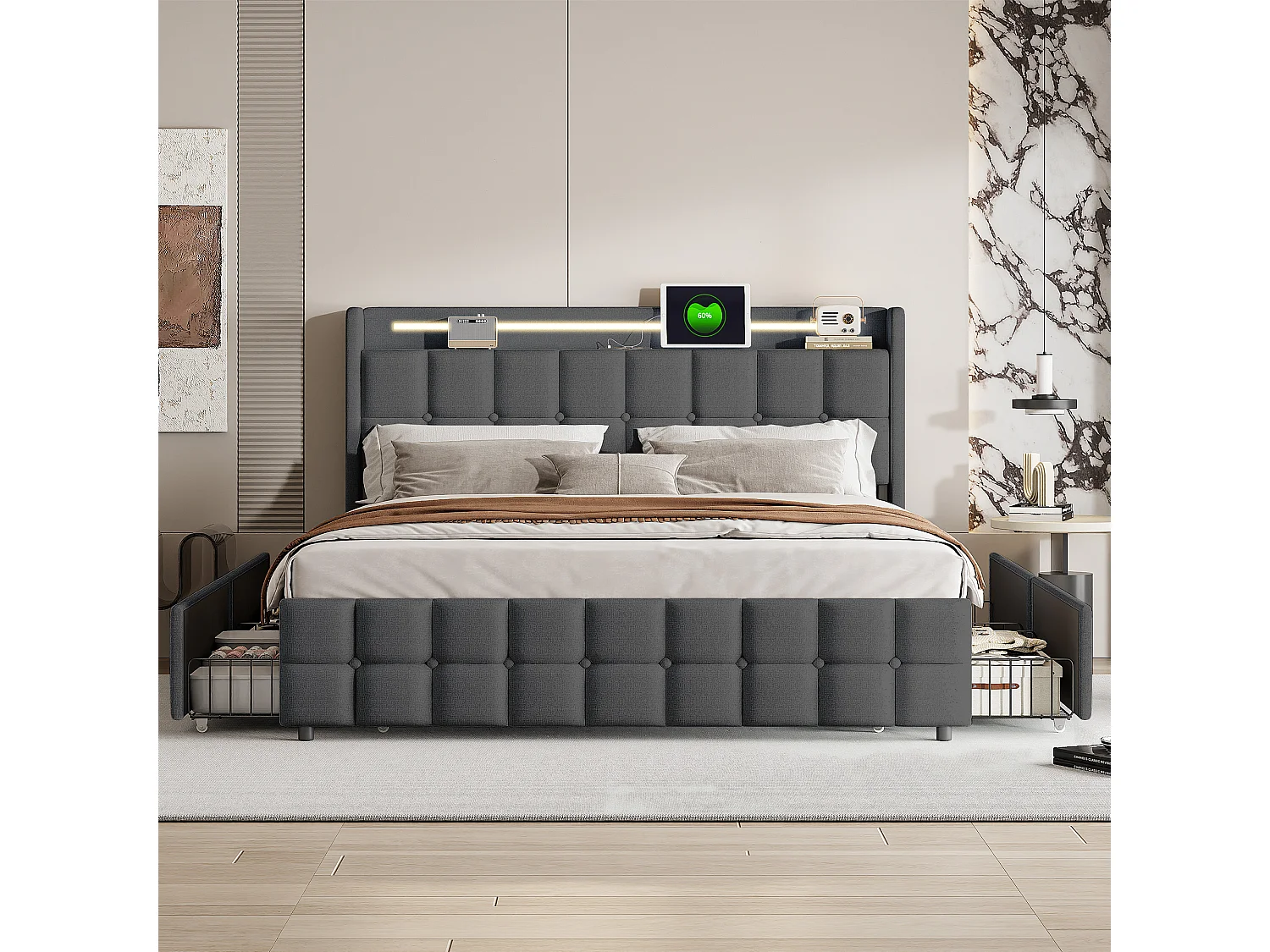 Cama de matrimonio 160x200 cm tapizada, cabecero LED, 4 cajones, USB, lino gris, sin colchón