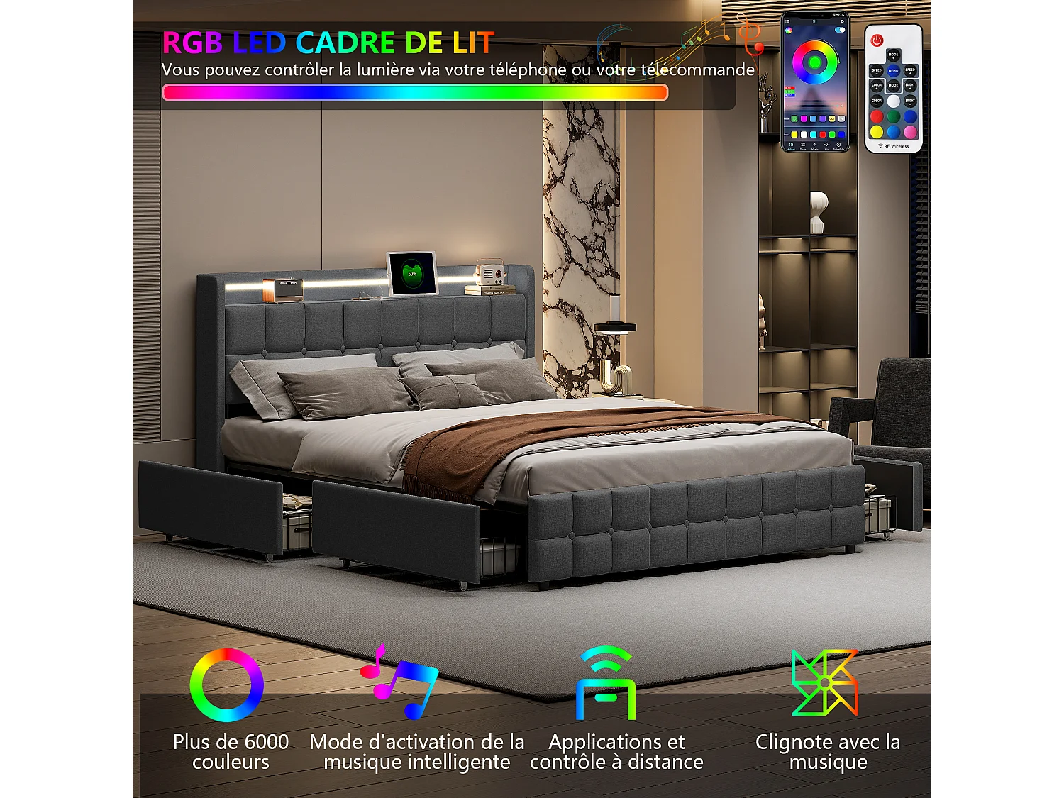 Cama de matrimonio 160x200 cm tapizada, cabecero LED, 4 cajones, USB, lino gris, sin colchón