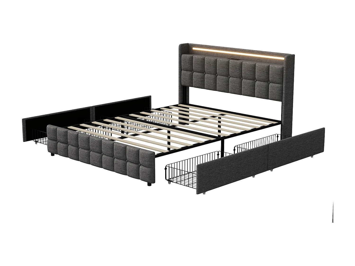 Cama de matrimonio 160x200 cm tapizada, cabecero LED, 4 cajones, USB, lino gris, sin colchón