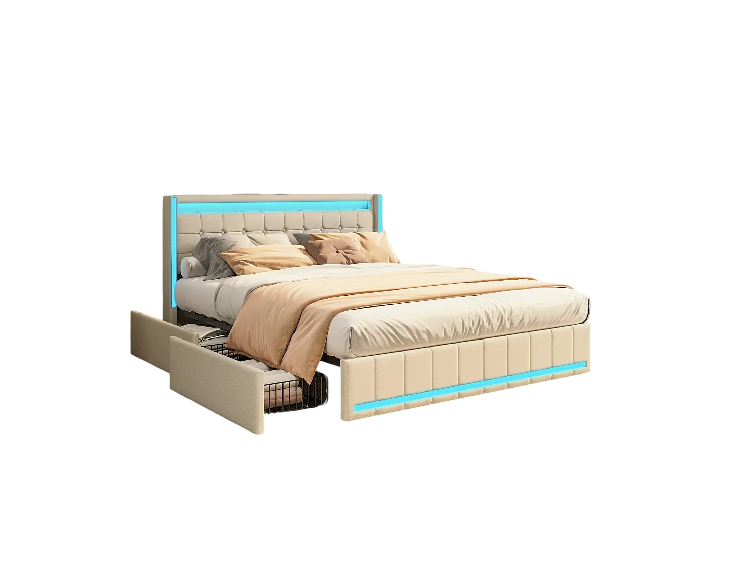 Cama de matrimonio 160x200 cm beige, LED, USB, 4 cajones metálicos, lino, práctica y moderna para adultos