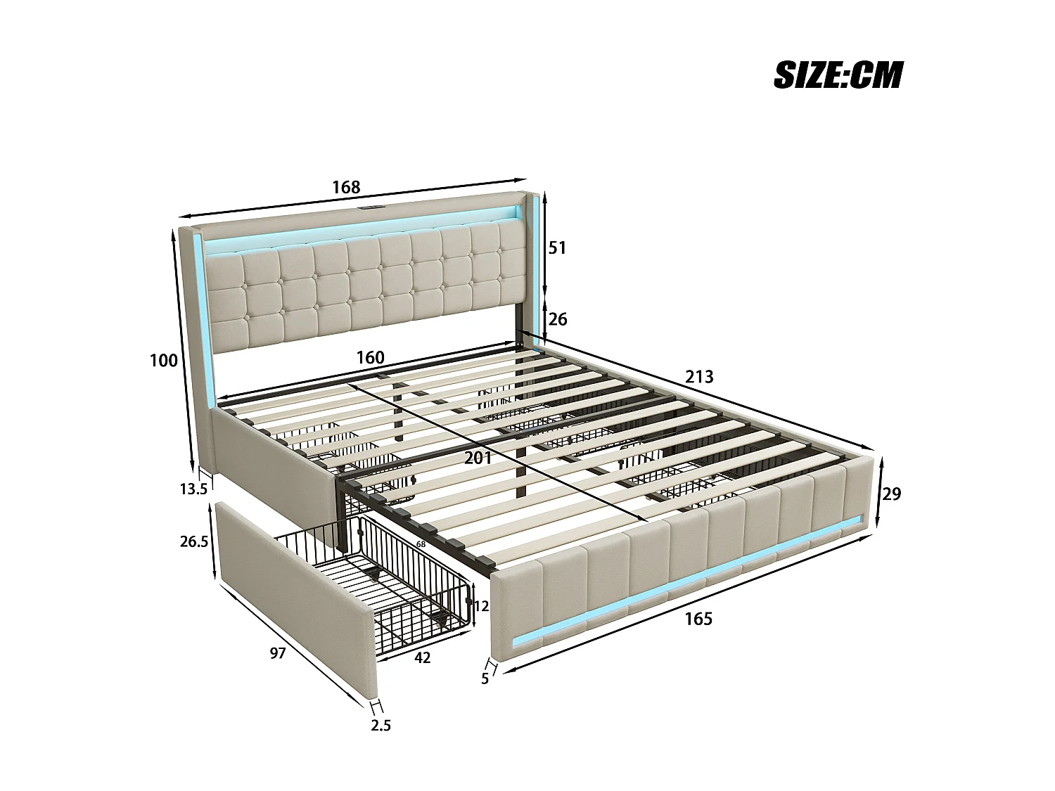 Doppelbett 160x200 cm Beige, LED, USB, 4 Metallschubladen, Leinen, praktisch und modern für Erwachsene