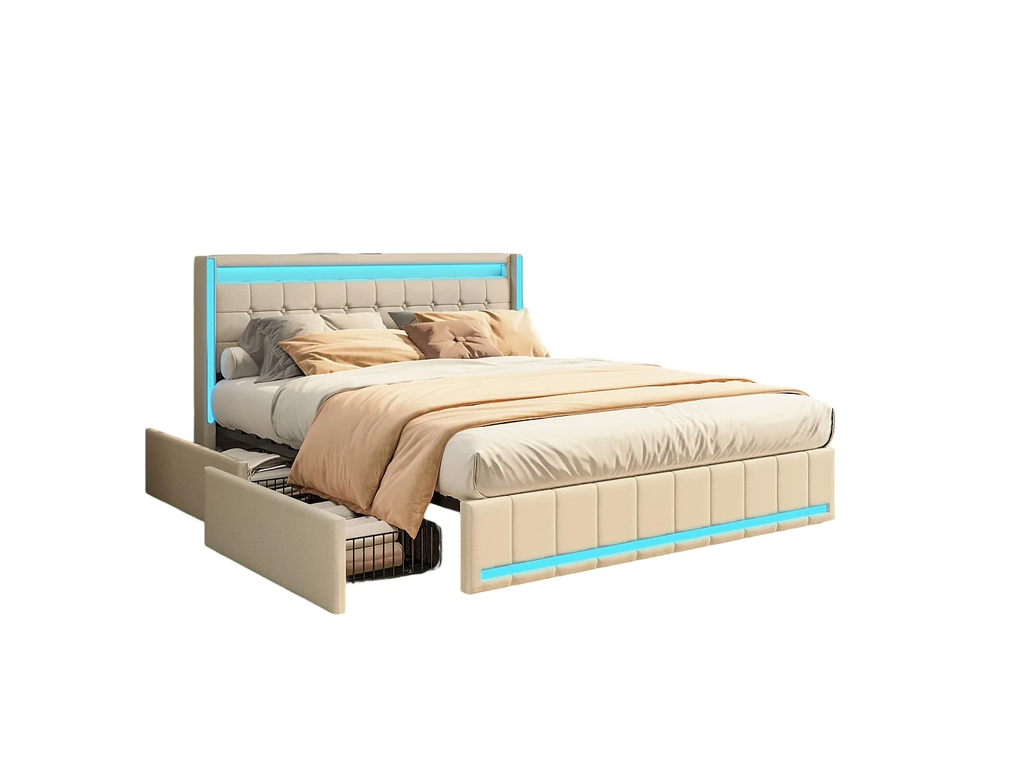 Doppelbett 160x200 cm Beige, LED, USB, 4 Metallschubladen, Leinen, praktisch und modern für Erwachsene