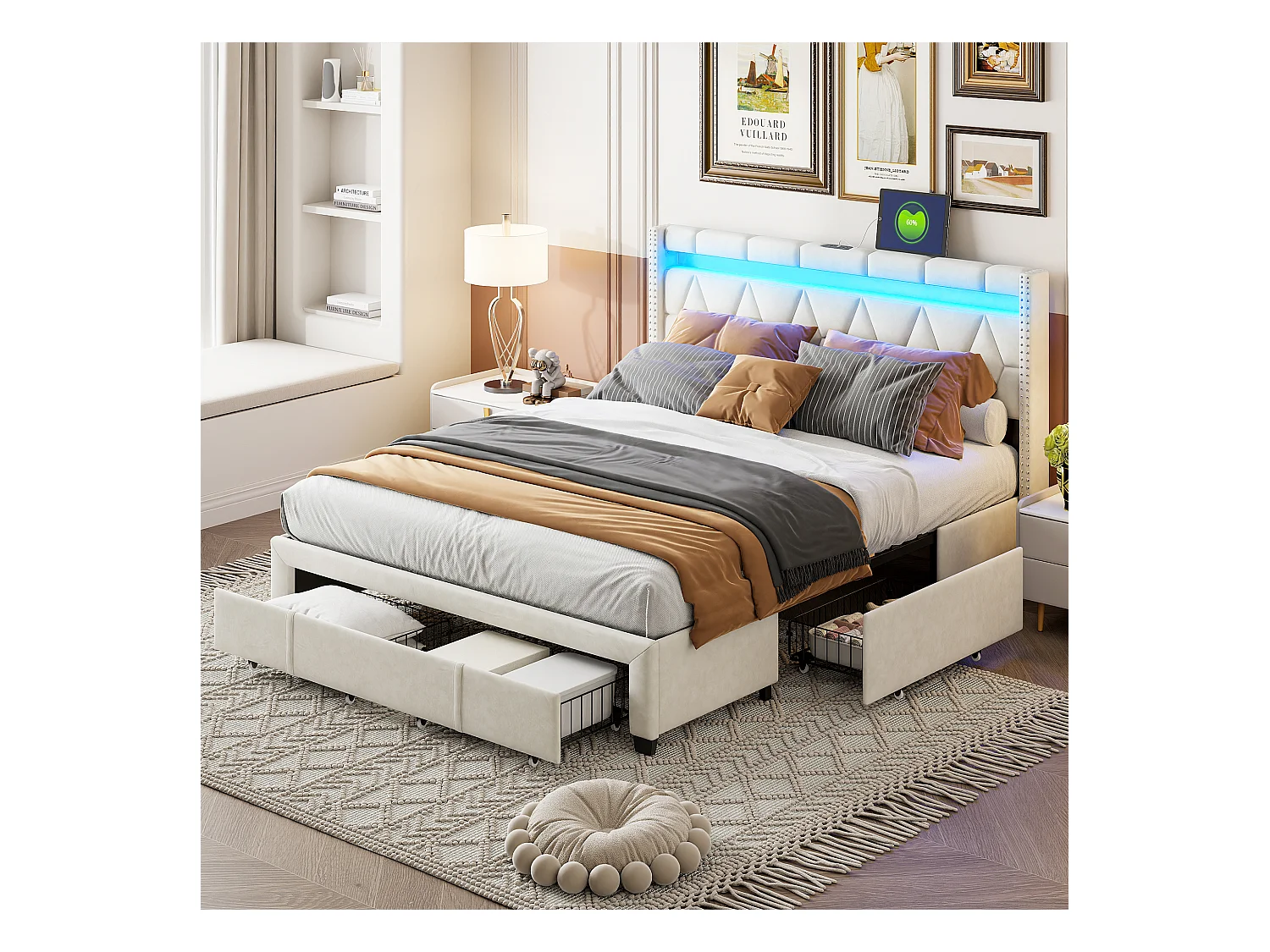 Cama Estofada Cama de Casal 140x200cm Com 4 Gavetas E LED, USB, Estrutura de Cama, Linho Bege
