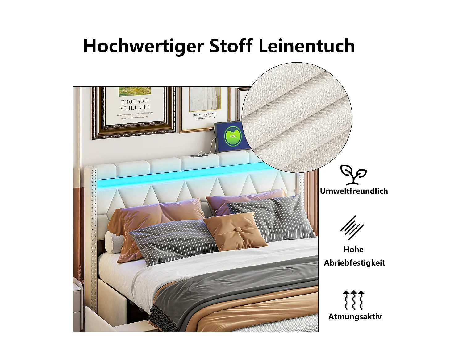 Gestoffeerd tweepersoonsbed 140x200cm met 4 lades en LED, USB, bedframe, beige linnen
