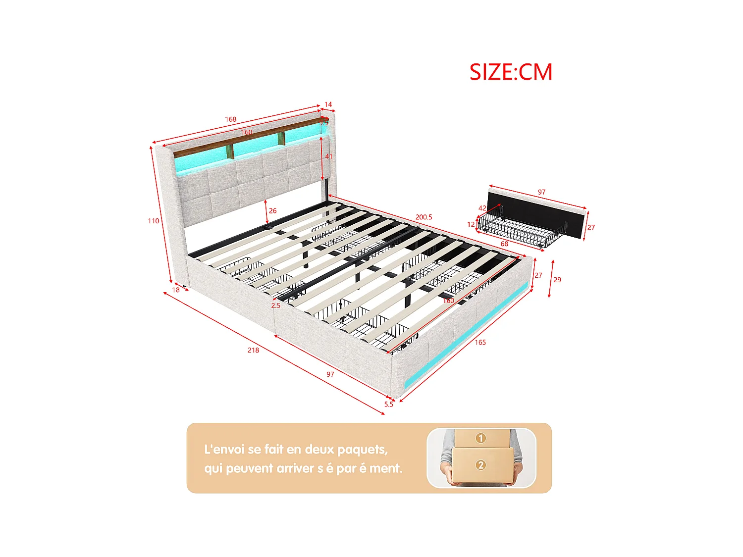 Bett 160x200 LED-Basis und 2 USB, Typ-C, Polsterbett Doppelbett mit 4 Schubladen, Leinen, Beige