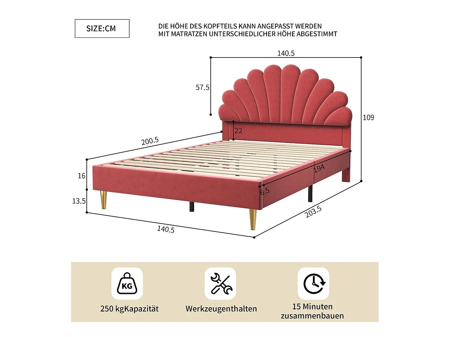 Cama doble de 140 x 200 cm con somier de láminas, terciopelo, color rojo