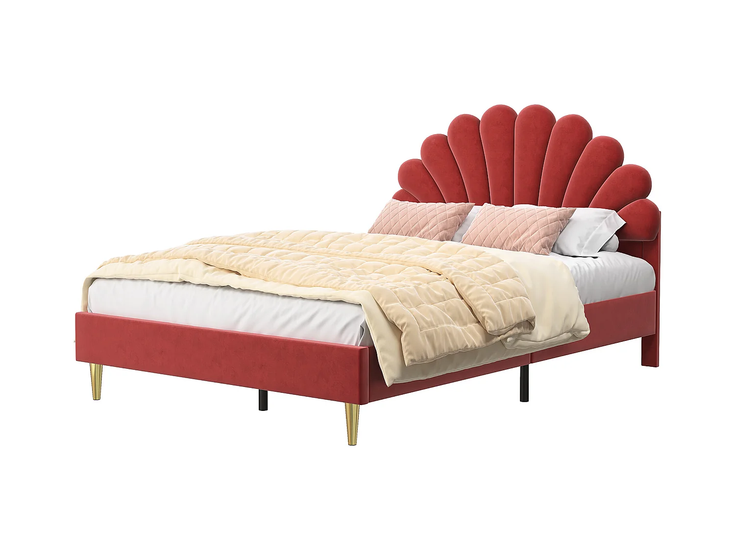 Cama doble de 140 x 200 cm con somier de láminas, terciopelo, color rojo