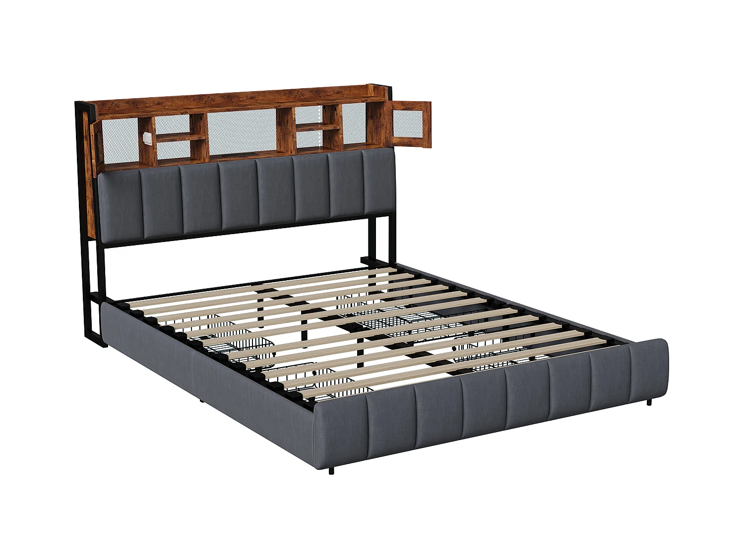 Cama estofada 160x200cm com USB e tomadas, cama de casal com 4 gavetas, cama com arrumação e LED, linho, preto