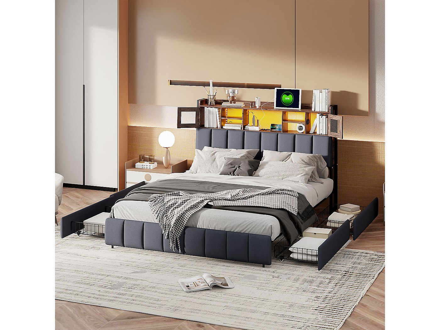 Letto Contenitore 160x200 Con USB E Type-C, Letto Imbottito Con Rete A Doghe Letto Matrimoniale Led Beige