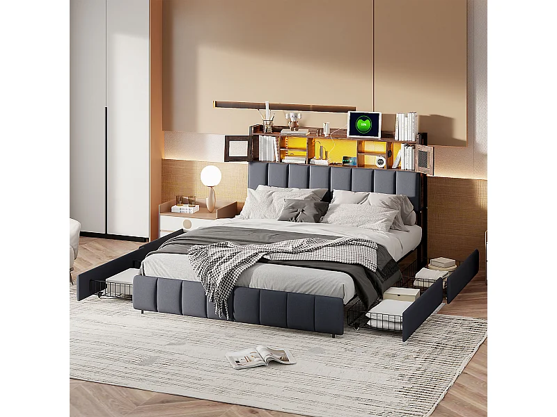 Polsterbett 160x200cm mit USB und Steckdosen, Doppelbett mit 4 Schubladen, Stauraumbett mit LED, Leinen, Schwarz