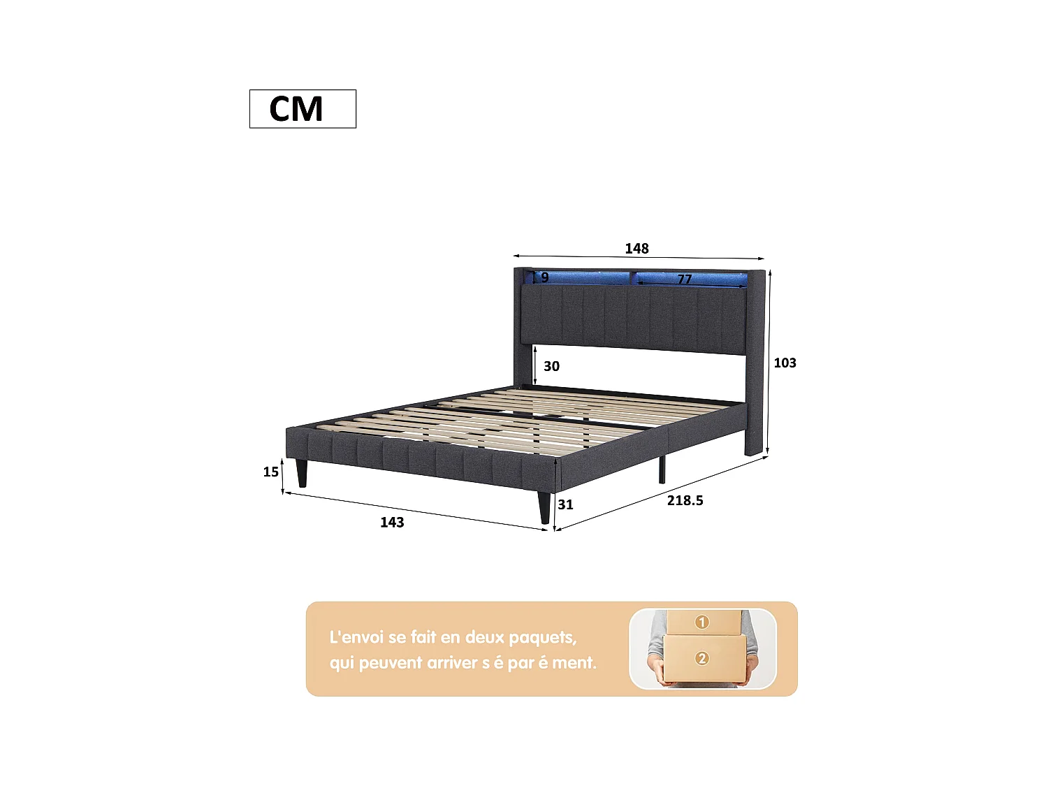 Lit Double Rembourré 140x200cm, Cadre De Lit Avec LED Et Prise USB, Sommier à Lattes, Gris