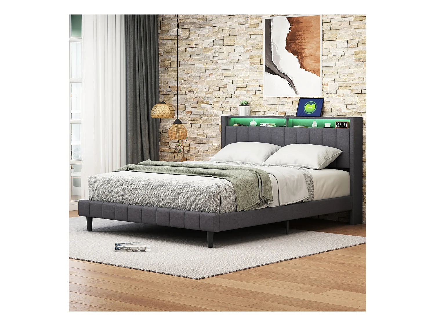 Lit Double Rembourré 140x200cm, Cadre De Lit Avec LED Et Prise USB, Sommier à Lattes, Gris