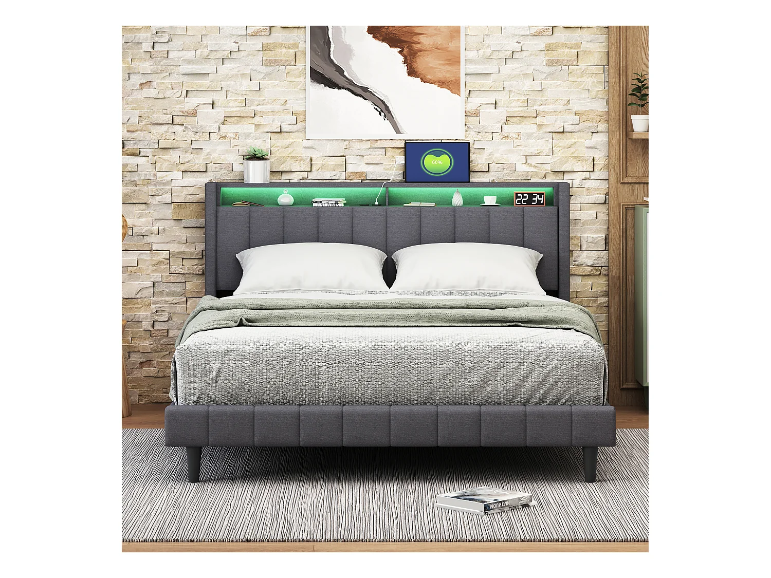 Gestoffeerd tweepersoonsbed 140x200cm, bedframe met LED-verlichting en USB-aansluiting, lattenbodem, grijs