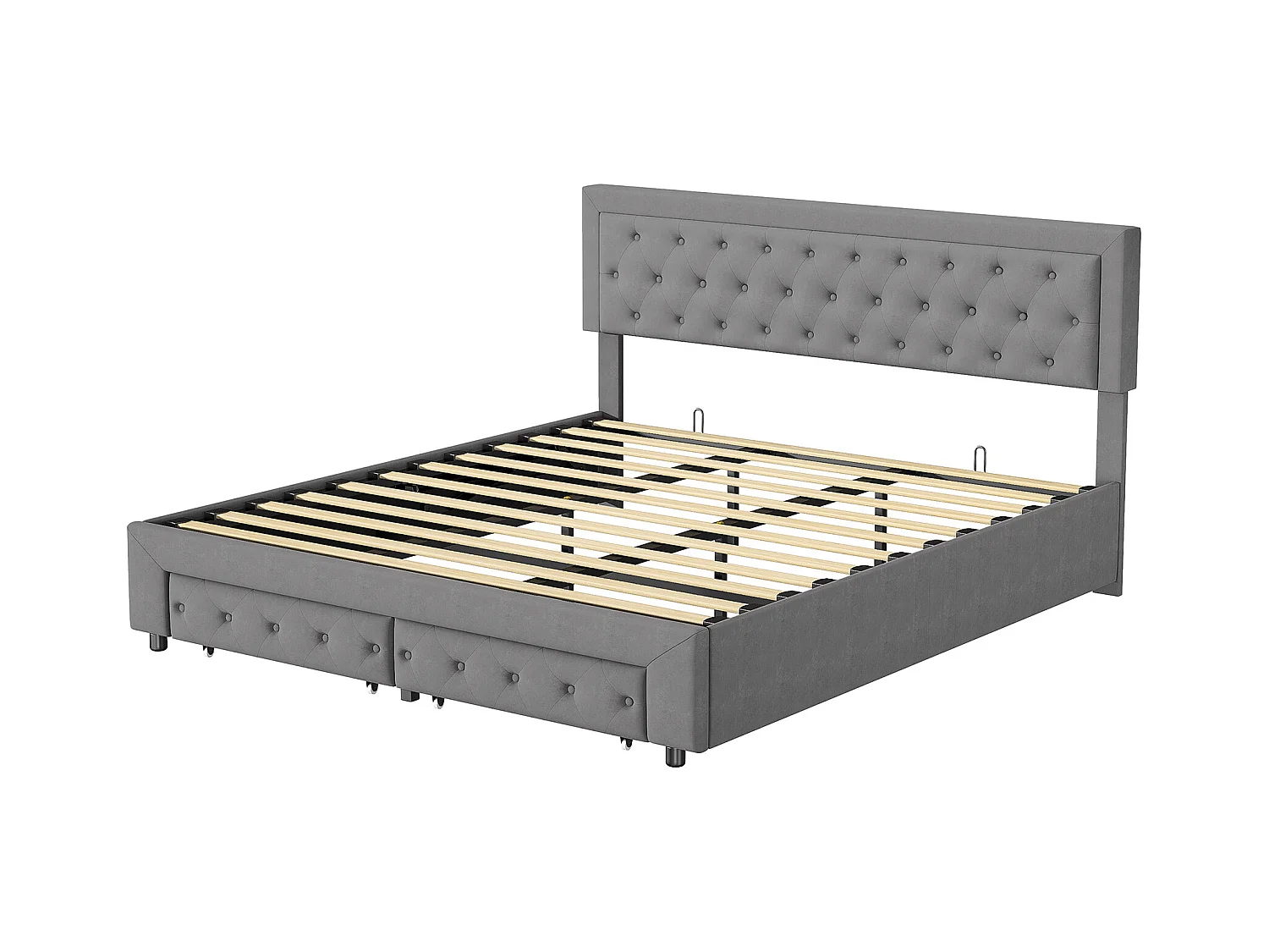 Doppelbett 180 x 200 cm mit Stauraum und Schubladen, Samt, Lattenrost, Hydraulisches Bett, Grau