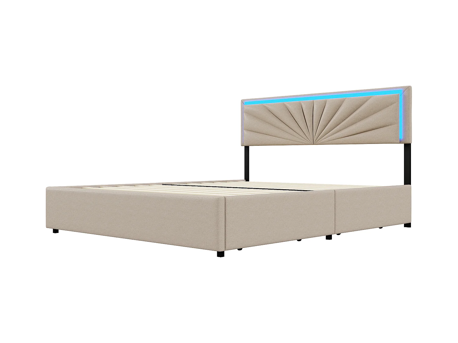 Doppelbett 160 x 200 cm, gepolstert mit 4 Schubladen und LED, Lattenrost, beiges Leinen