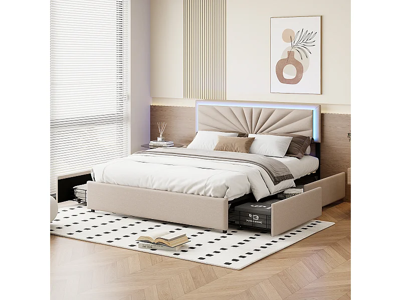 Tweepersoonsbed 160 x 200 cm, gestoffeerd met 4 lades en led-verlichting, lattenbodem, beige linnen