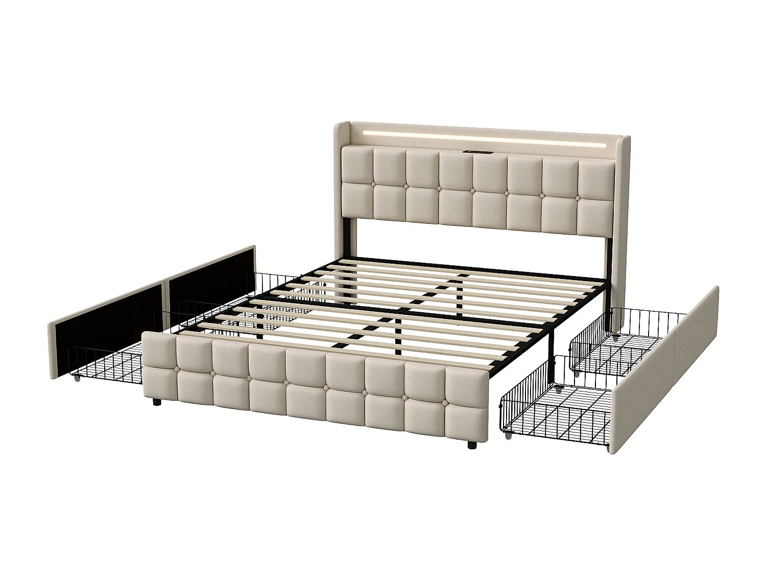 Letto matrimoniale 140x200 cm con LED, 4 cassetti, porta USB, testiera imbottita, tessuto beige, stile moderno.