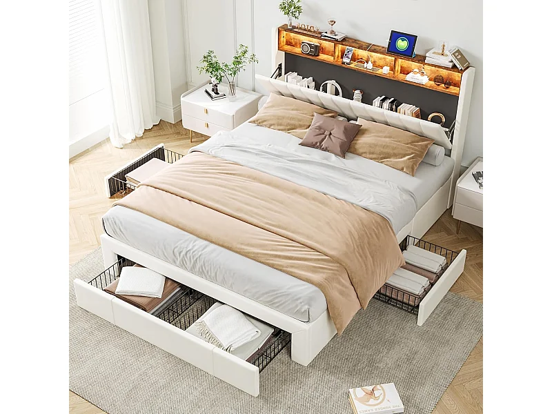 Bed 140x200 cm, LED- en USB-basis, 4 lades, hoofdbord met opbergruimte, beige fluweel