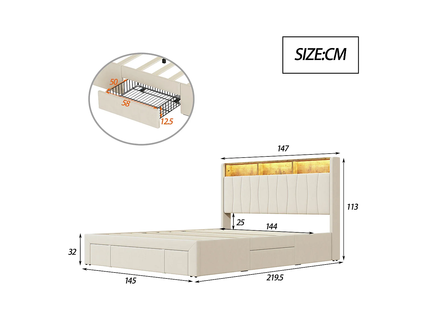 Bed 140x200 cm, LED- en USB-basis, 4 lades, hoofdbord met opbergruimte, beige fluweel