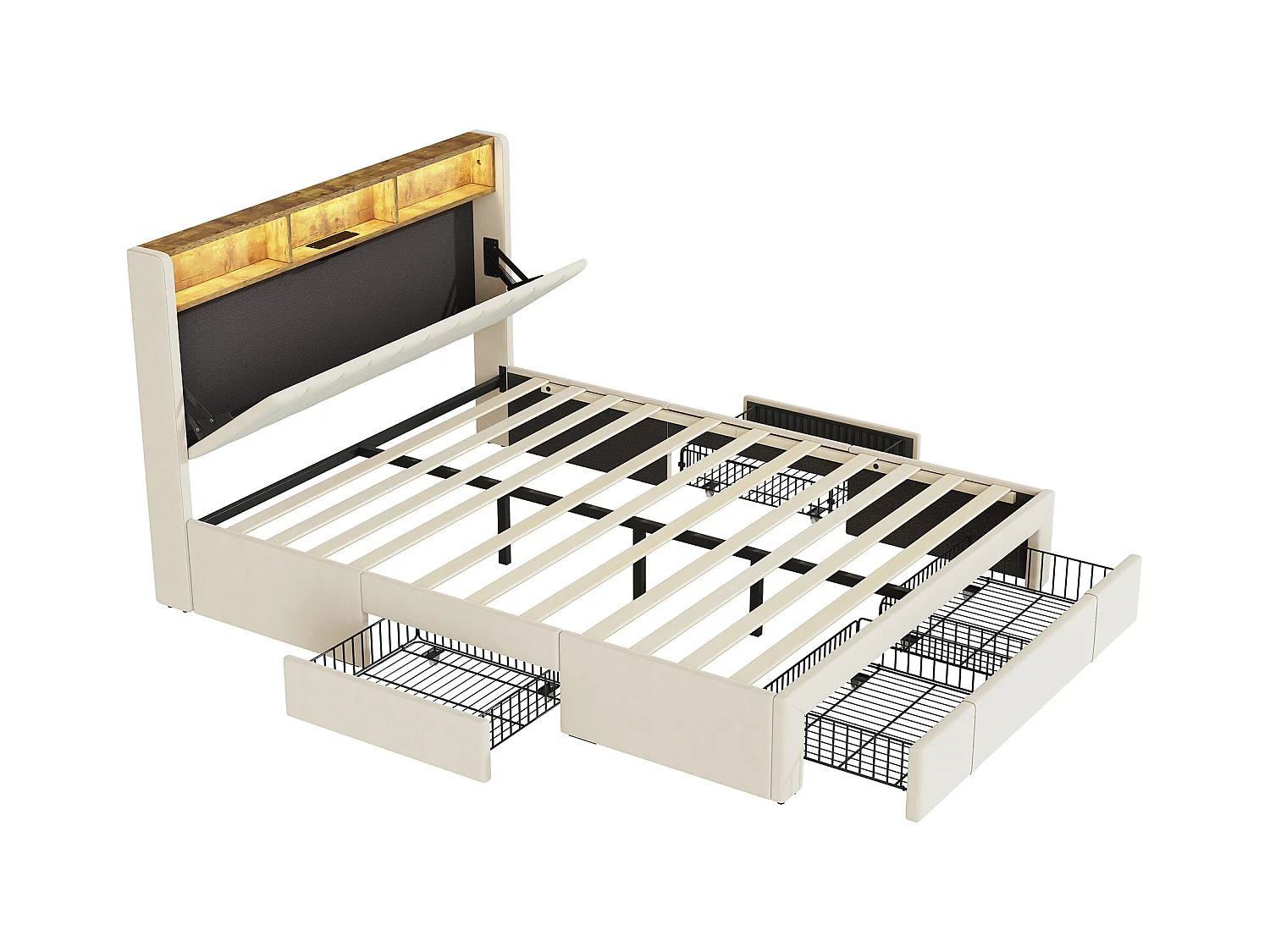 Bed 140x200 cm, LED- en USB-basis, 4 lades, hoofdbord met opbergruimte, beige fluweel