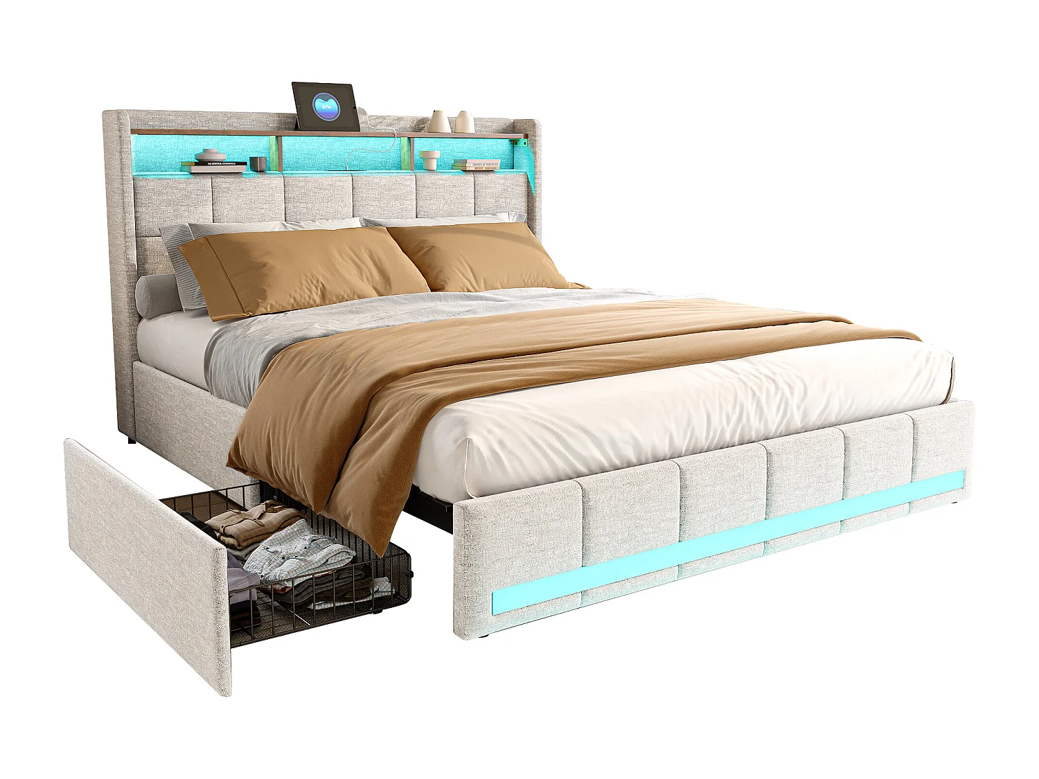 Letto matrimoniale 140x200 cm in lino beige, 4 cassetti, LED, ripiani, porte USB/Type-C, rete a doghe in legno