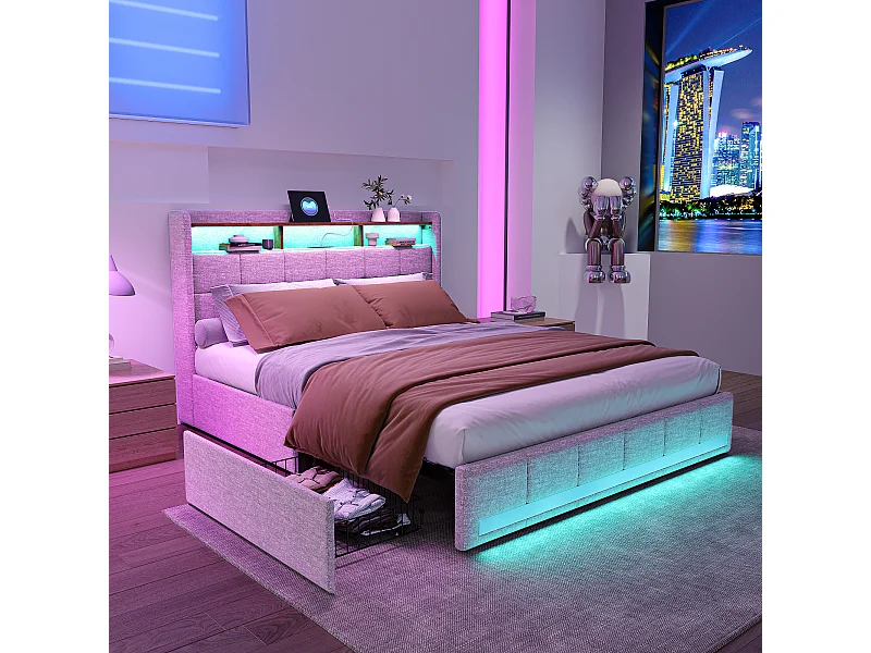 Letto matrimoniale 140x200 cm in lino beige, 4 cassetti, LED, ripiani, porte USB/Type-C, rete a doghe in legno