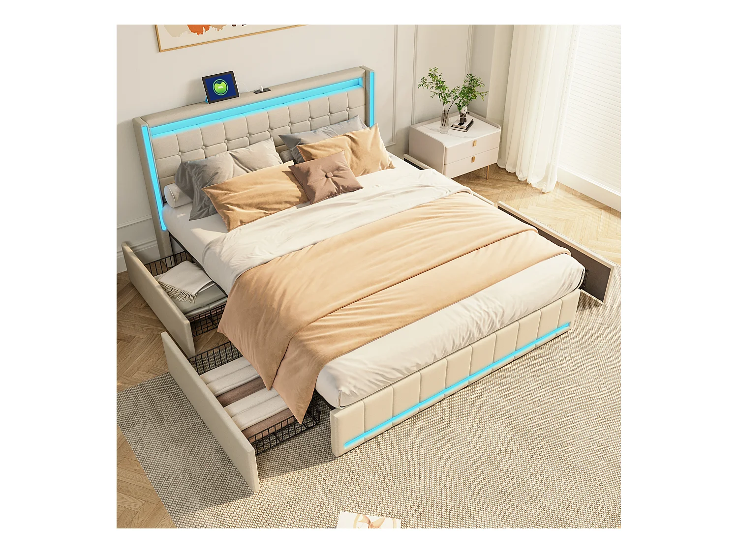 160x200 Opbergbed met LED en USB, Gestoffeerd bed met lattenbodem en 4 lades, Tweepersoonsbed