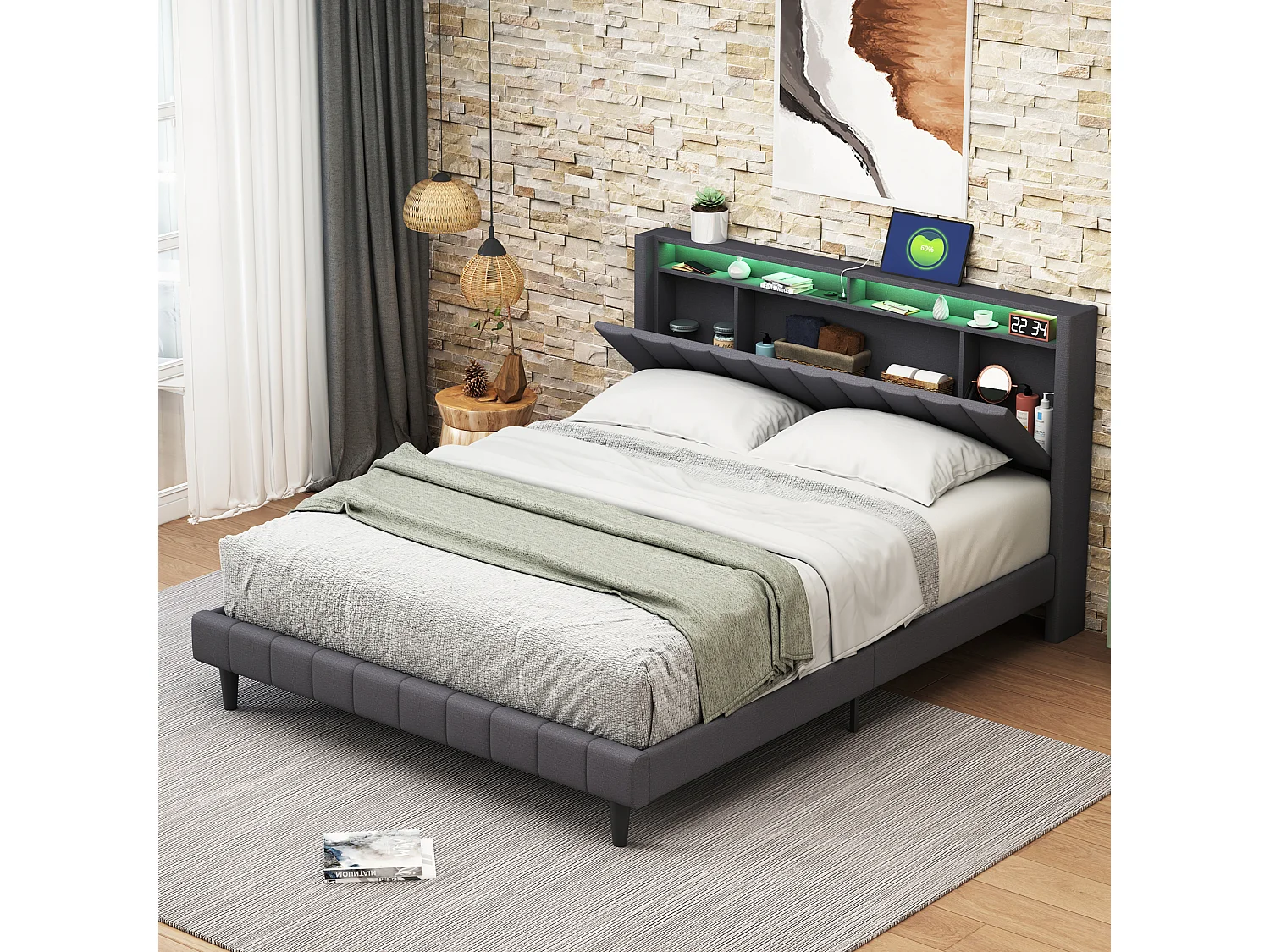 Gestoffeerd tweepersoonsbed 160x200cm, bedframe met LED-verlichting en USB-aansluiting, lattenbodem, grijs