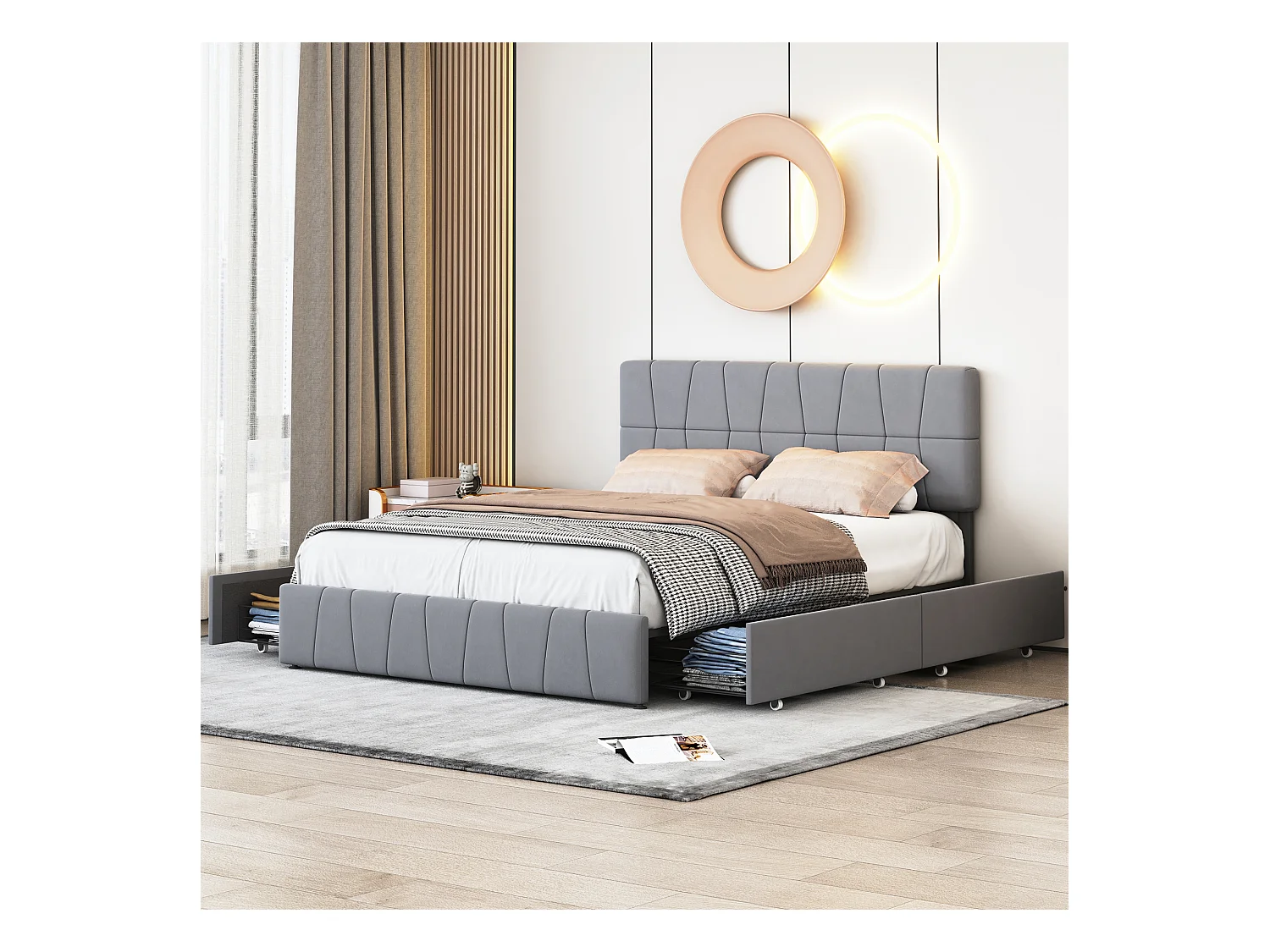 Lit Double 180x200 Cm, 4 Tiroirs En Fer, Sommier à Lattes, Structure En Métal, Tissu Velours, Gris