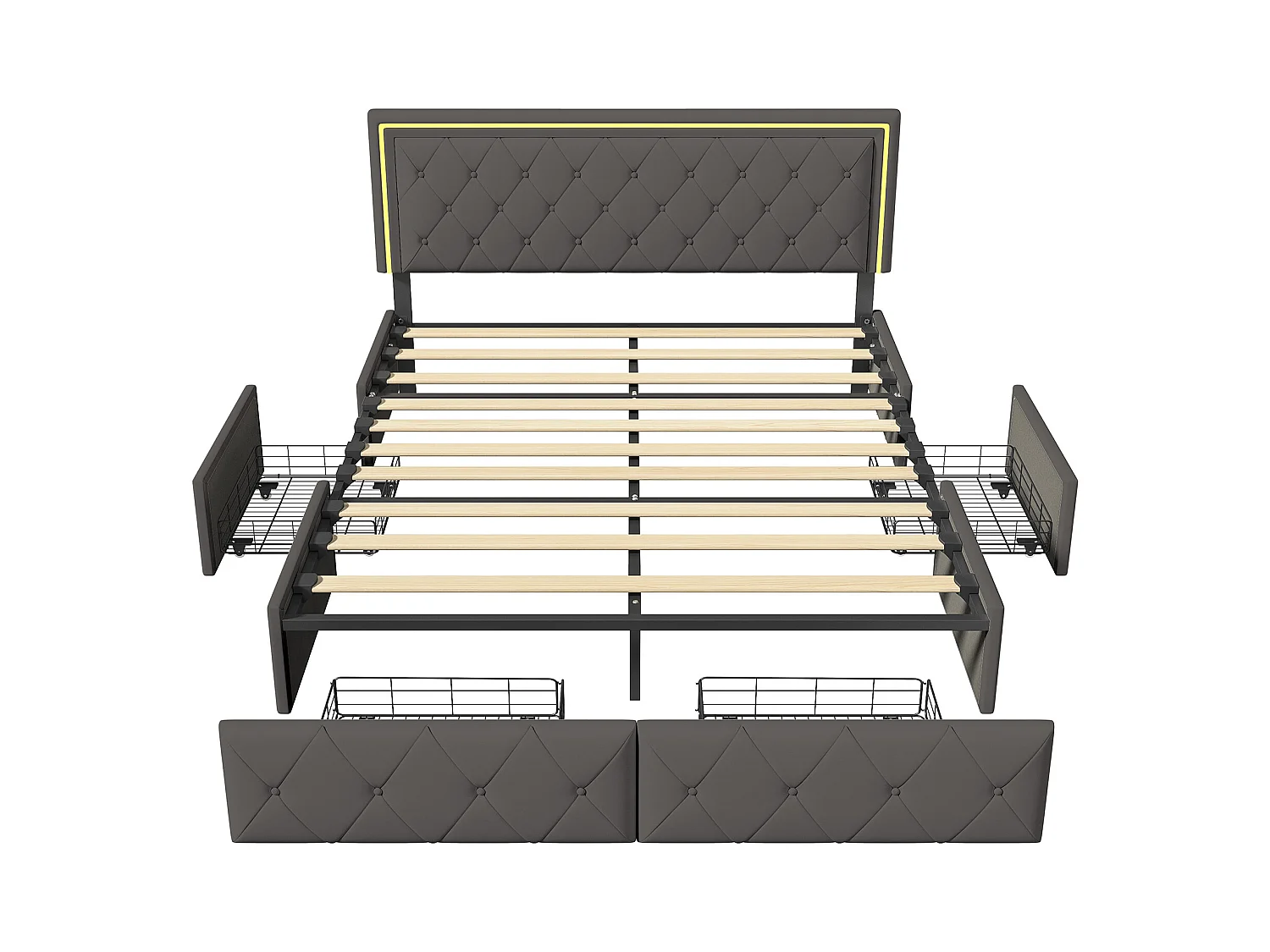 Cama de casal adulto 160x200 cm, 4 gavetas, estofada com luz LED, base de ripas, pu cinza.