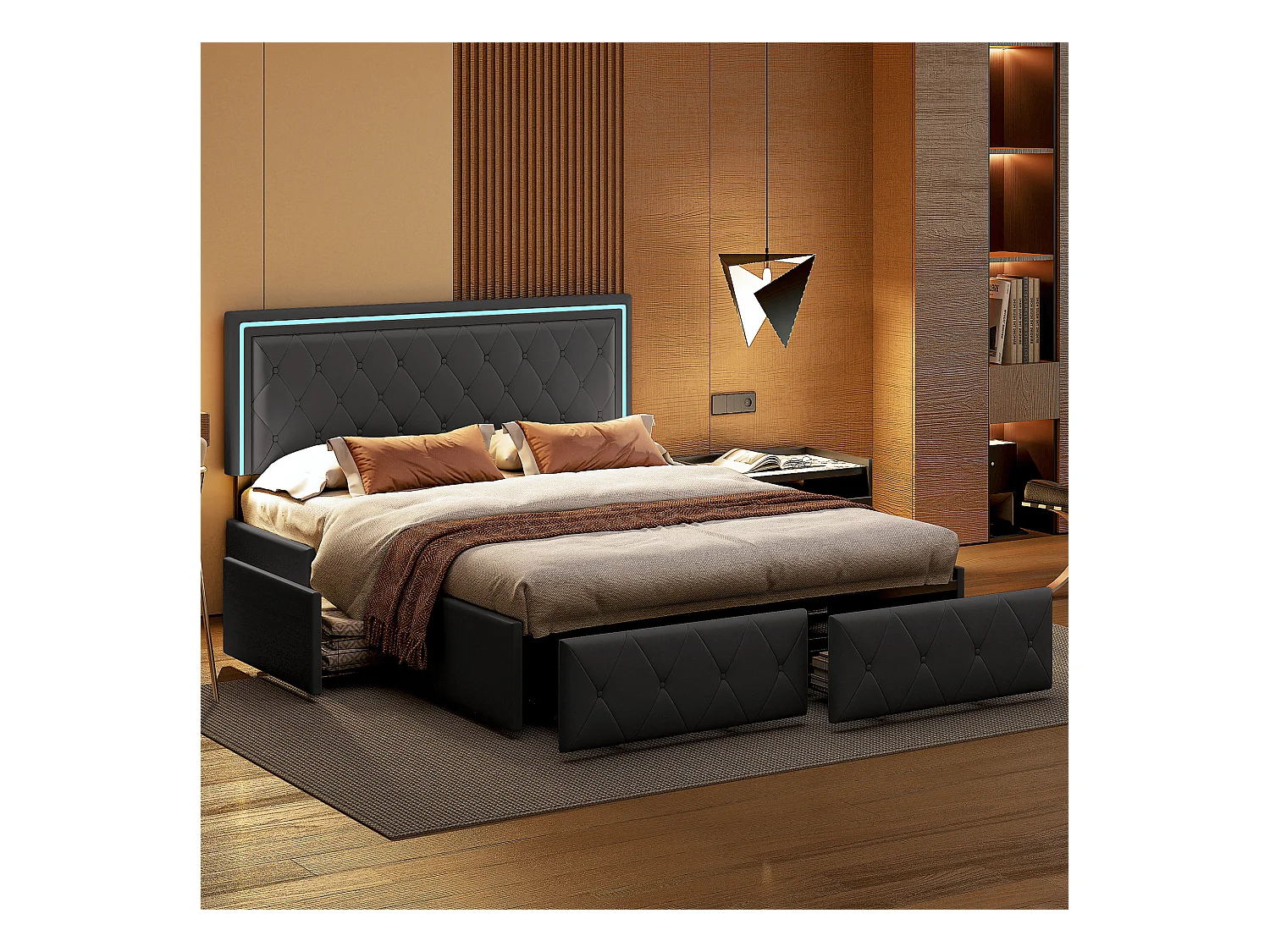 Lit Adulte Double 160x200 Cm, 4 Tiroirs, Rembourré Avec Lumière LED, Sommier à Lattes, Pu Gris.