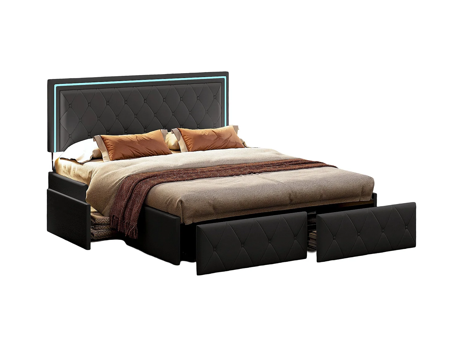 Lit Adulte Double 160x200 Cm, 4 Tiroirs, Rembourré Avec Lumière LED, Sommier à Lattes, Pu Gris.