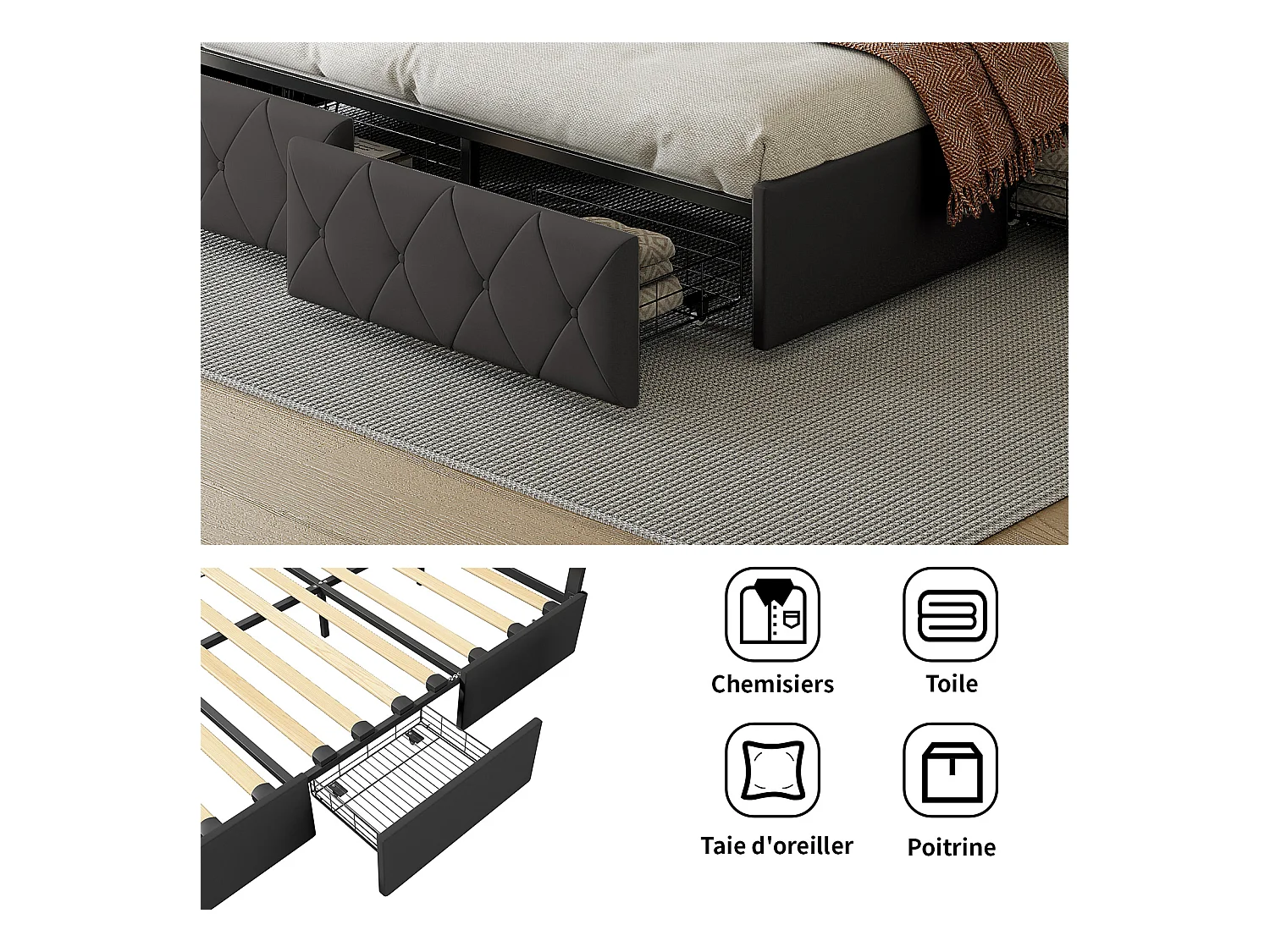 Lit Adulte Double 160x200 Cm, 4 Tiroirs, Rembourré Avec Lumière LED, Sommier à Lattes, Pu Gris.