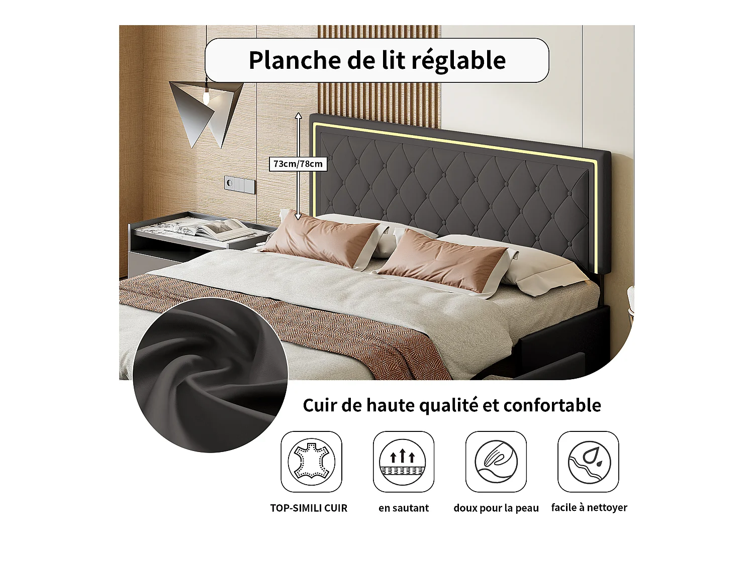 Lit Adulte Double 160x200 Cm, 4 Tiroirs, Rembourré Avec Lumière LED, Sommier à Lattes, Pu Gris.