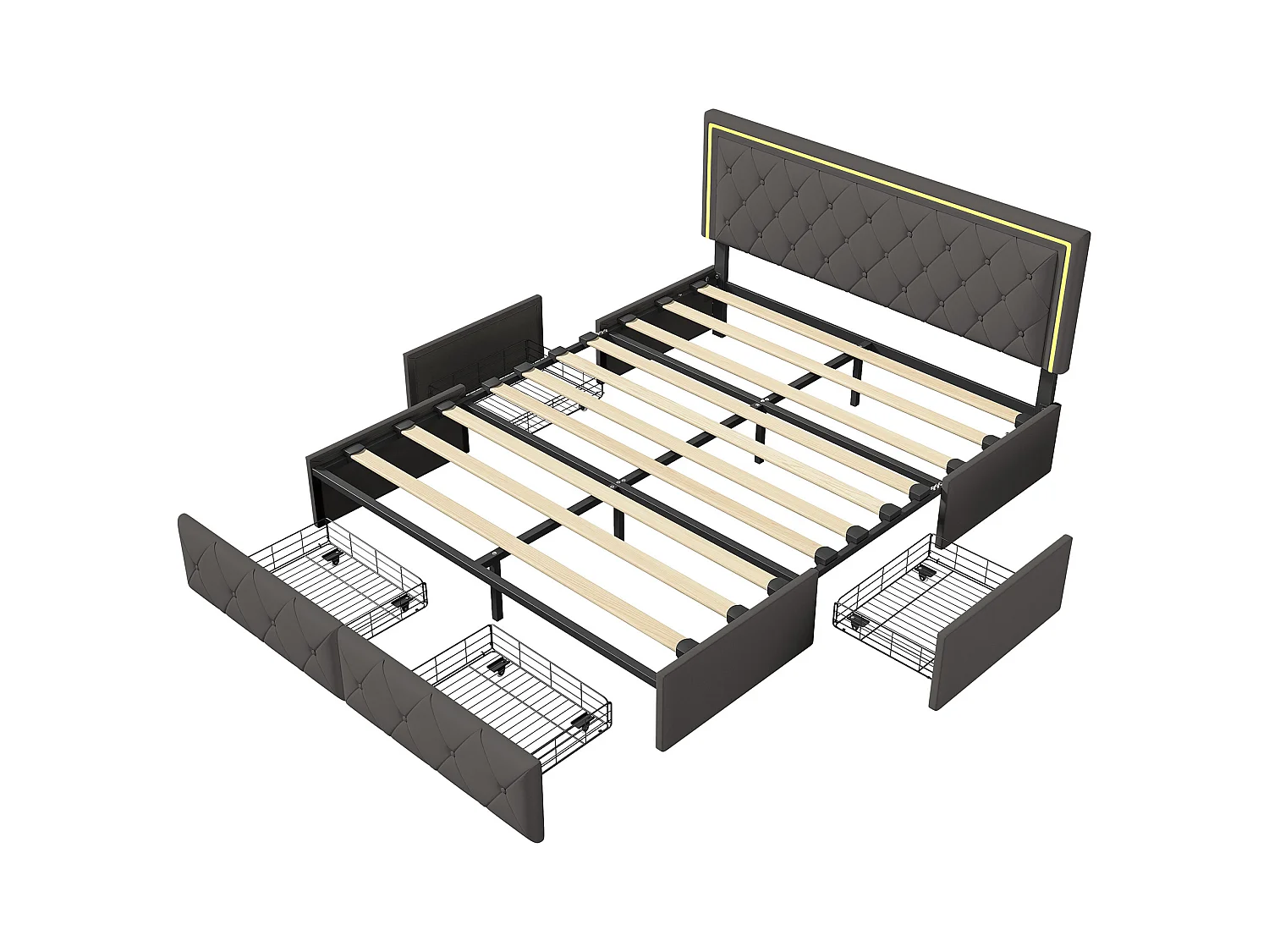 Lit Adulte Double 160x200 Cm, 4 Tiroirs, Rembourré Avec Lumière LED, Sommier à Lattes, Pu Gris.