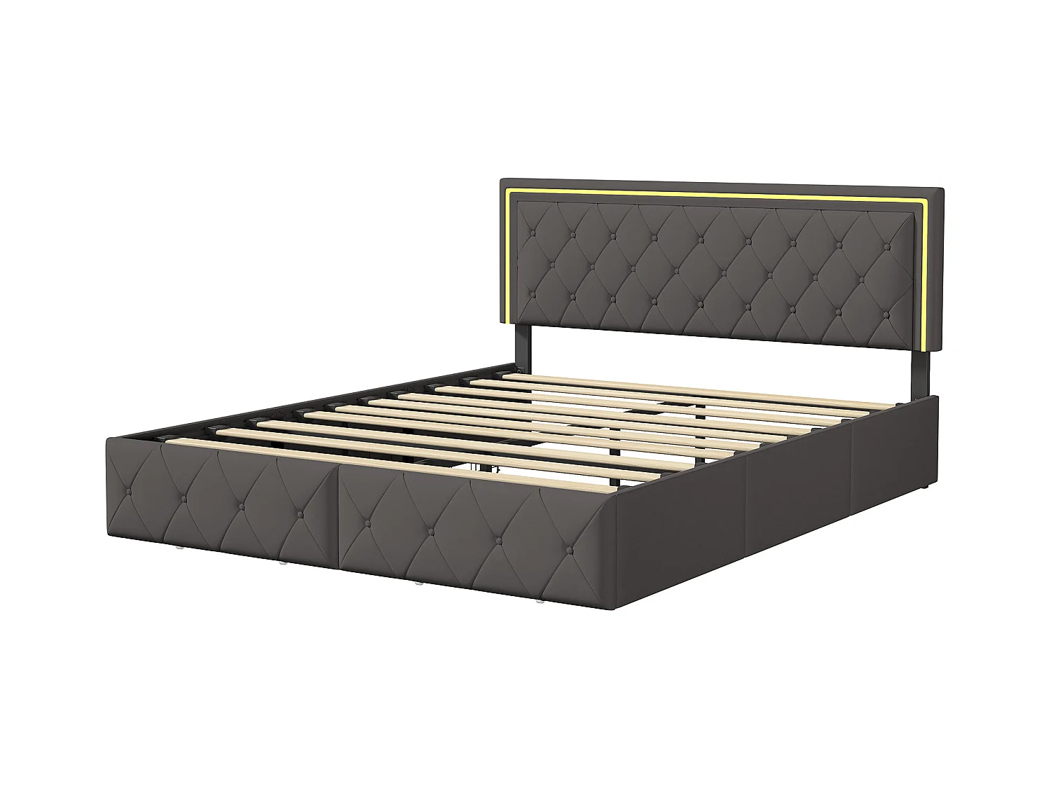 Lit Adulte Double 160x200 Cm, 4 Tiroirs, Rembourré Avec Lumière LED, Sommier à Lattes, Pu Gris.