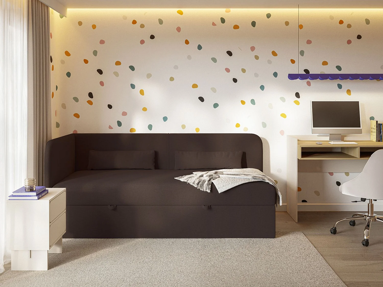 Jugendbett 90x200 mit Bettkasten – Chenille-Bezug – Kopfteil links – Dunkelbraun – CALMMO