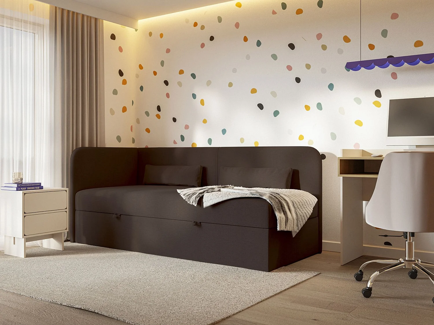 Jugendbett 90x200 mit Bettkasten – Chenille-Bezug – Kopfteil links – Dunkelbraun – CALMMO