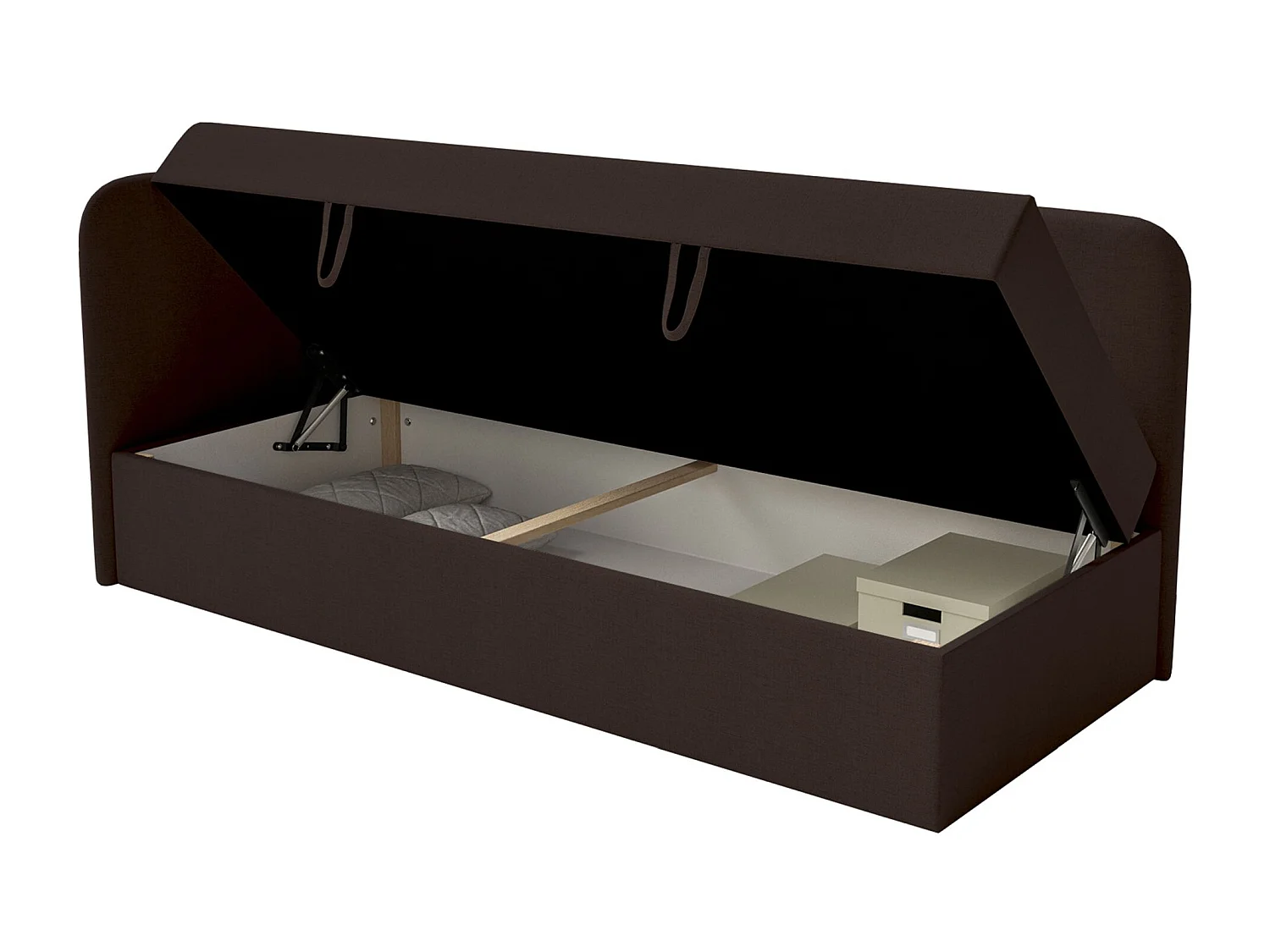 Jugendbett 90x200 mit Bettkasten – Chenille-Bezug – Kopfteil links – Dunkelbraun – CALMMO