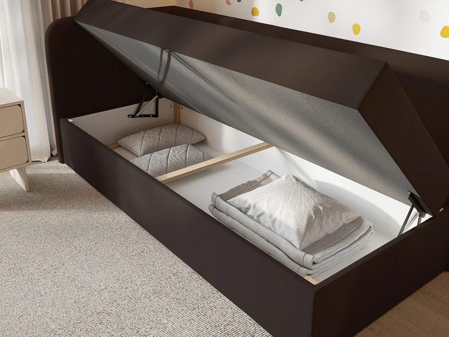 Jugendbett 90x200 mit Bettkasten – Chenille-Bezug – Kopfteil links – Dunkelbraun – CALMMO