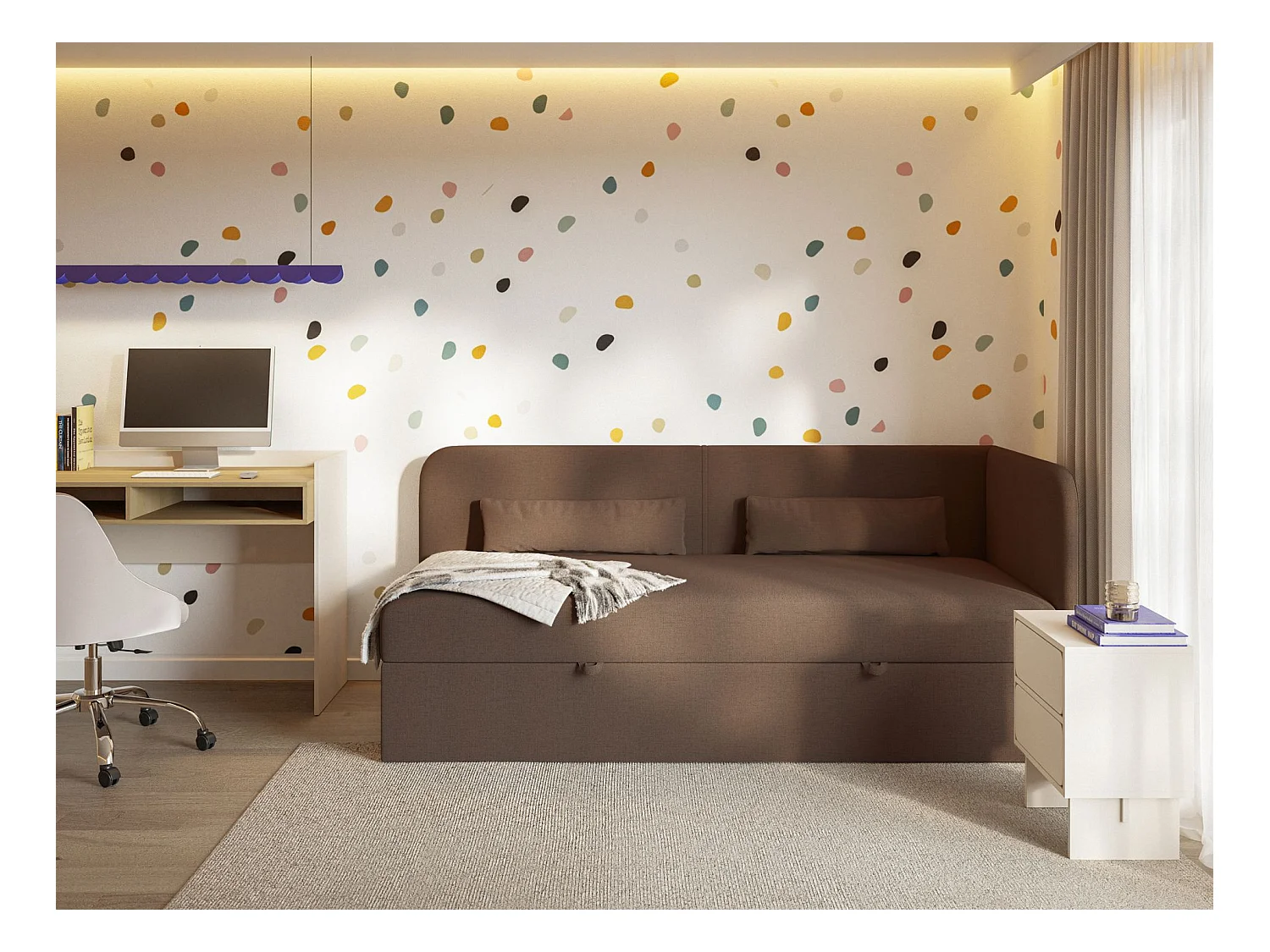 Tienerbed 90x200 met opbergruimte – chenille bekleding – hoofdbord rechts – donkerbruin – CALMMO