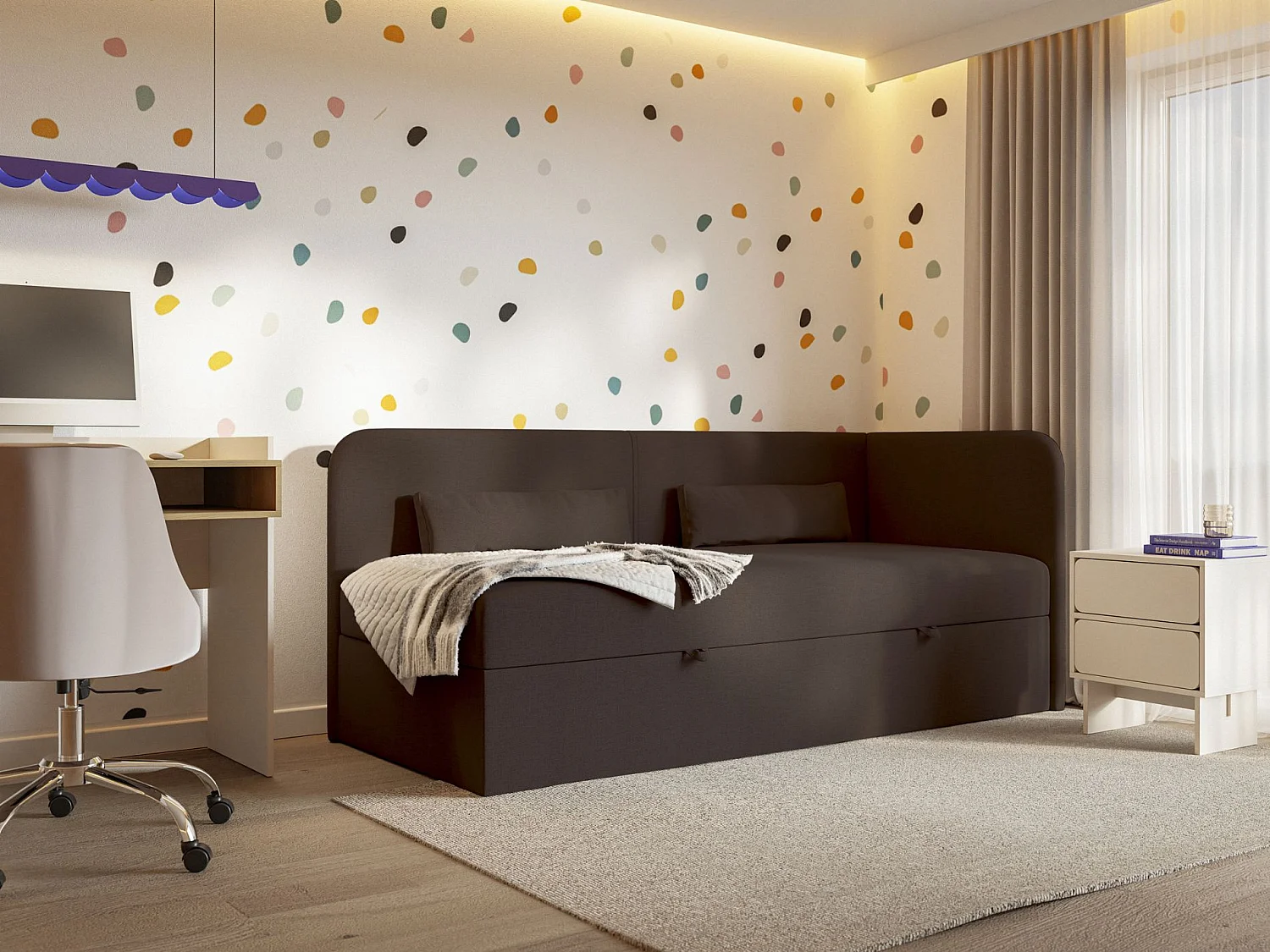 Jugendbett 90x200 mit Bettkasten – Chenille-Bezug – Kopfteil rechts – Dunkelbraun – CALMMO