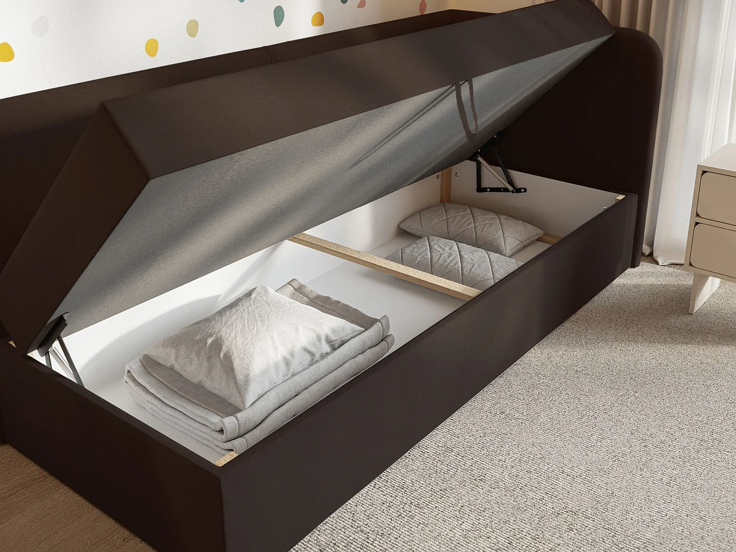 Jugendbett 90x200 mit Bettkasten – Chenille-Bezug – Kopfteil rechts – Dunkelbraun – CALMMO