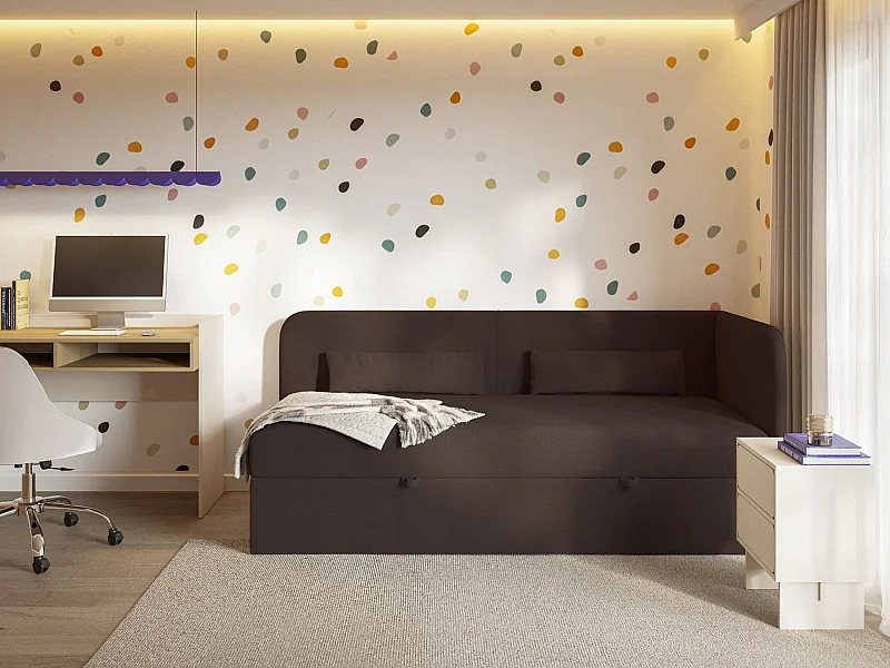 Jugendbett 90x200 mit Bettkasten – Chenille-Bezug – Kopfteil rechts – Dunkelbraun – CALMMO