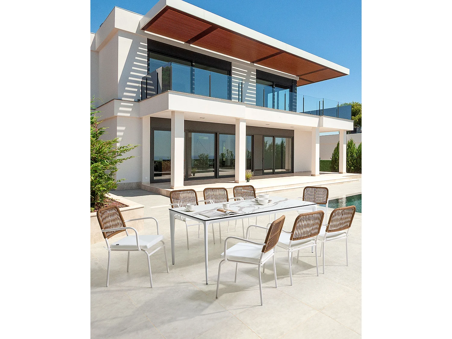 Lot de 8 chaises de jardin avec coussins TACENO Métal Blanc