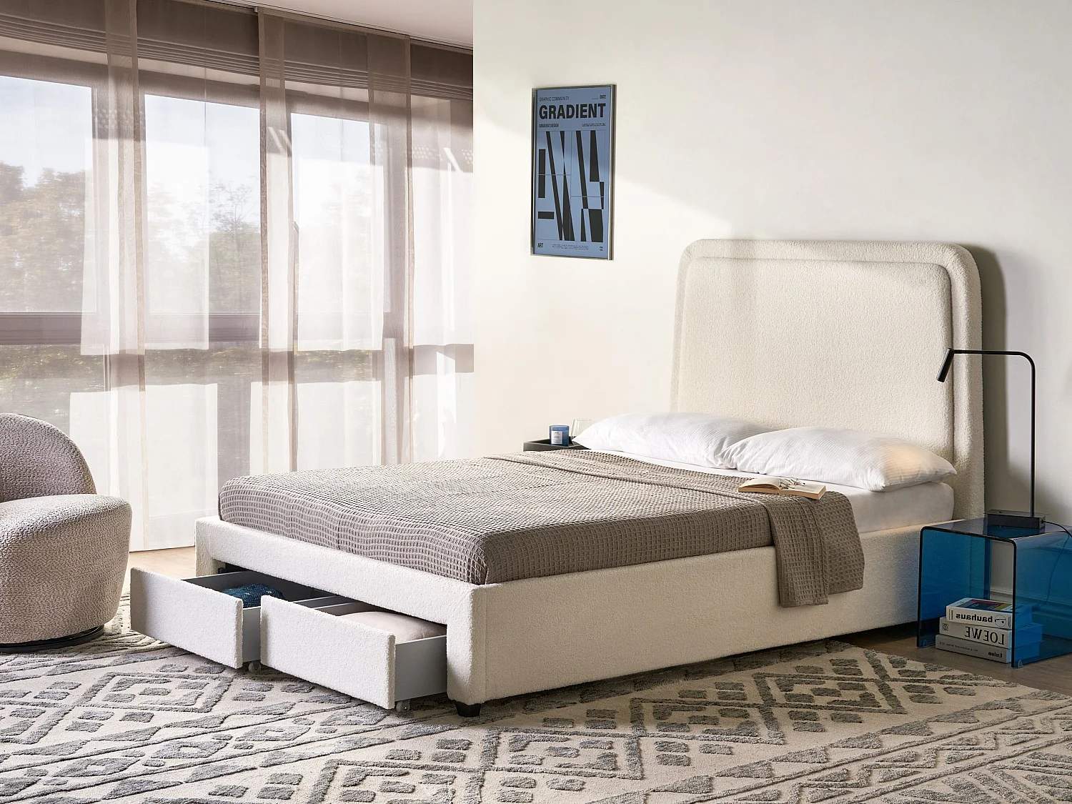 Lit avec tiroirs de rangement Bouclé SARDENT 140 x 200 cm Blanc cassé